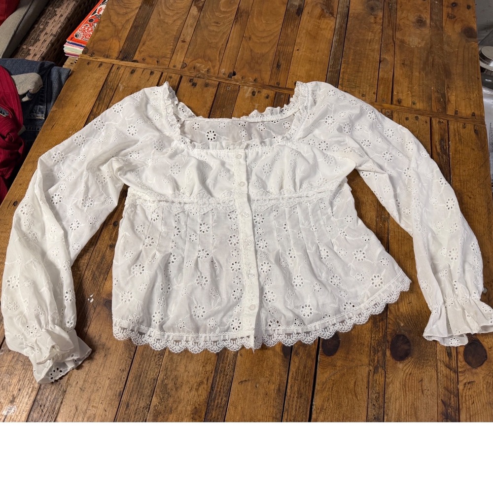 Womens XL Eyelet Lace Blouse Cottagecore Prairie Coquette Peasant Romantic